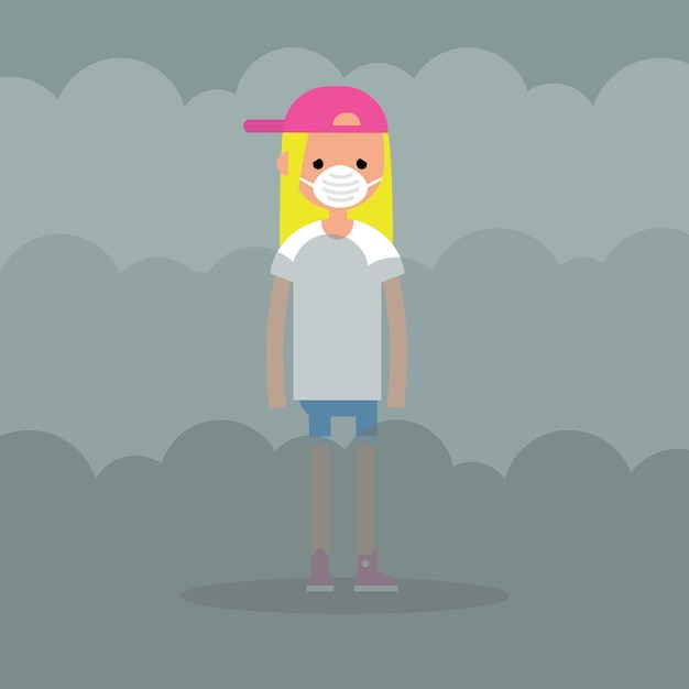 Vector la contaminación del aire. niebla tóxica. joven adolescente con mascarilla protectora / ilustración editable plana, imagen prediseñada