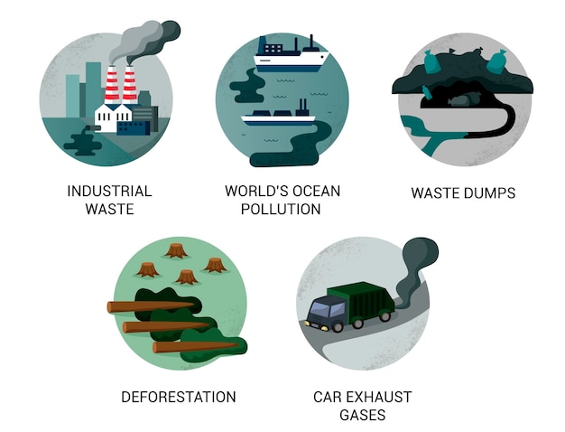 La contaminación ambiental es un conjunto de iconos de dibujos animados en color. Las fábricas, la contaminación oceánica, los vertederos, los humos de escape.
