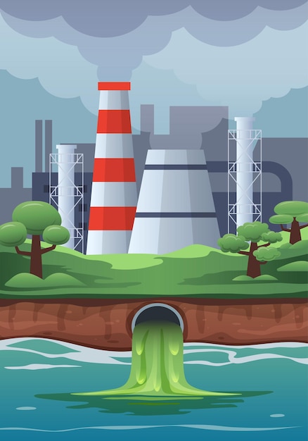 Contaminación ambiental Residuos tóxicos vertidos en un río u océano Ilustración vectorial