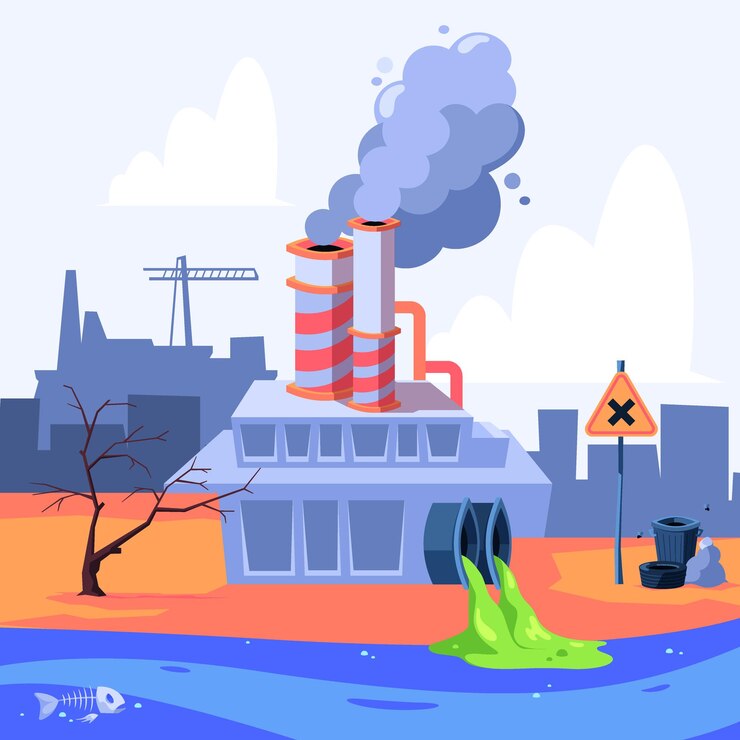 Vector contaminación de la ciudad residuos urbanos tóxicos basura líquida paisaje chillón vector dibujos animados fondo