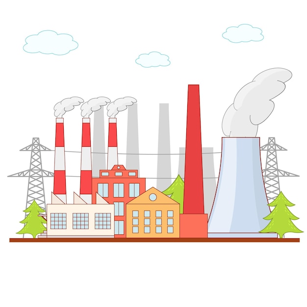 Contaminación de diseño de estilo plano de arquitectura empresarial de industria de construcción de fábrica de dibujos animados o concepto de producción de fabricación. ilustración vectorial