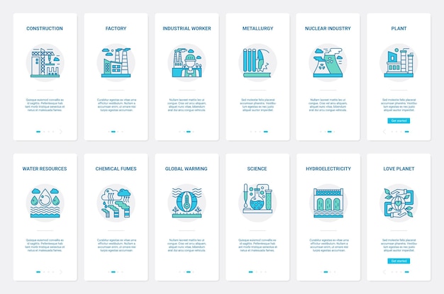 Contaminación de la industria de la construcción electricidad UX UI onboarding página de pantalla de la aplicación móvil