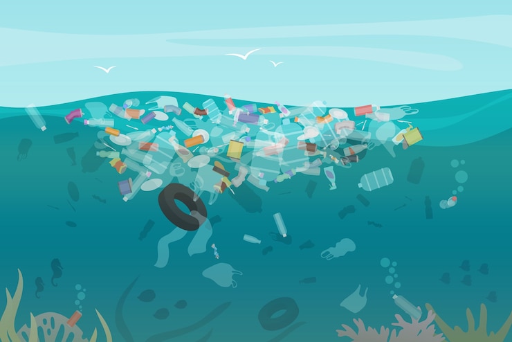 Vector contaminación plástica basura océano submarino con diferentes tipos de basura