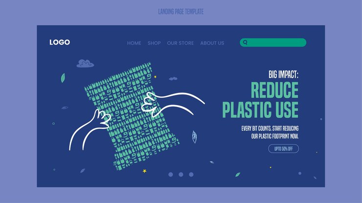 La contaminación por plásticos salva nuestro planeta Ilustración plana de la plantilla de la página de aterrizaje de reciclaje de plástico