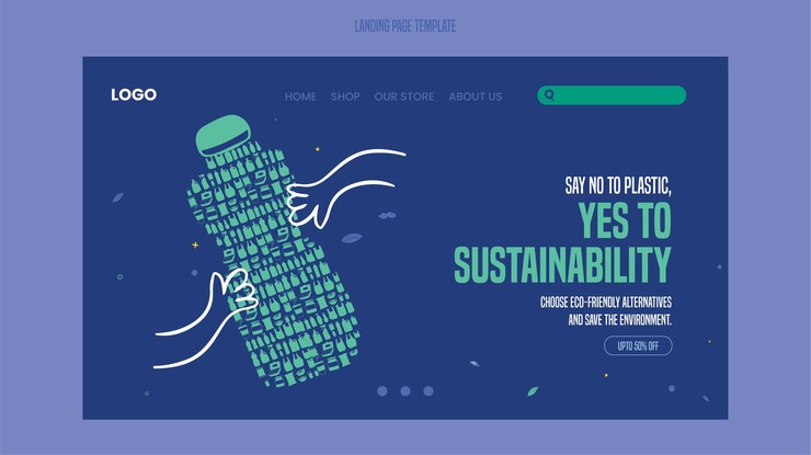 La contaminación por plásticos salva nuestro planeta Ilustración plana de la plantilla de la página de aterrizaje de reciclaje de plástico