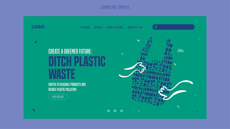 La contaminación por plásticos salva nuestro planeta Ilustración plana de la plantilla de la página de aterrizaje de reciclaje de plástico