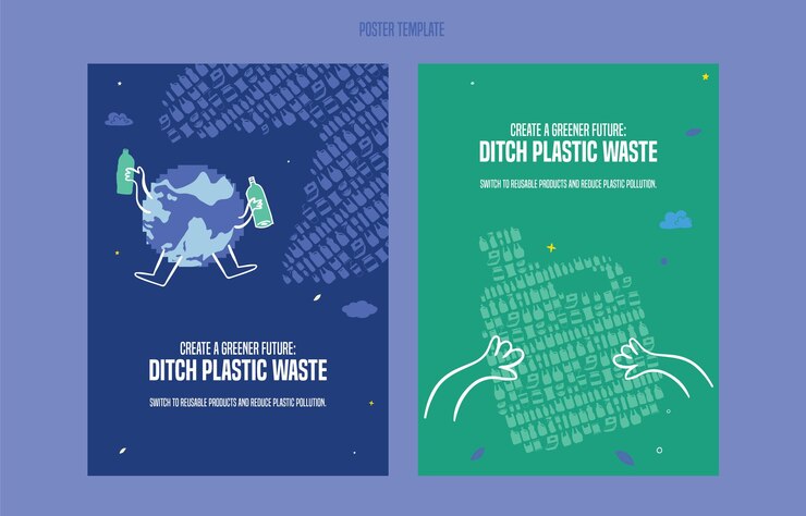 La contaminación por plásticos salva nuestro planeta Ilustración plana del reciclaje de botellas de plástico Diseño de cartel