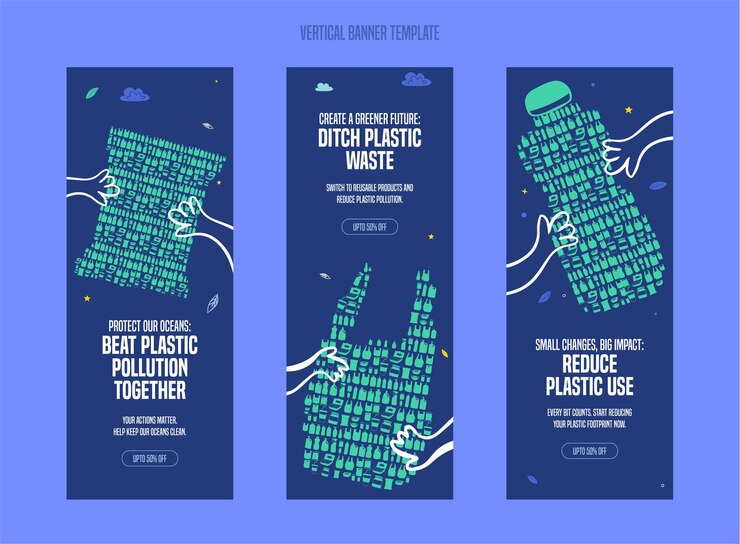 La contaminación por plásticos salva nuestro planeta Ilustración plana de reciclaje de botellas de plástico Plantilla de pancarta