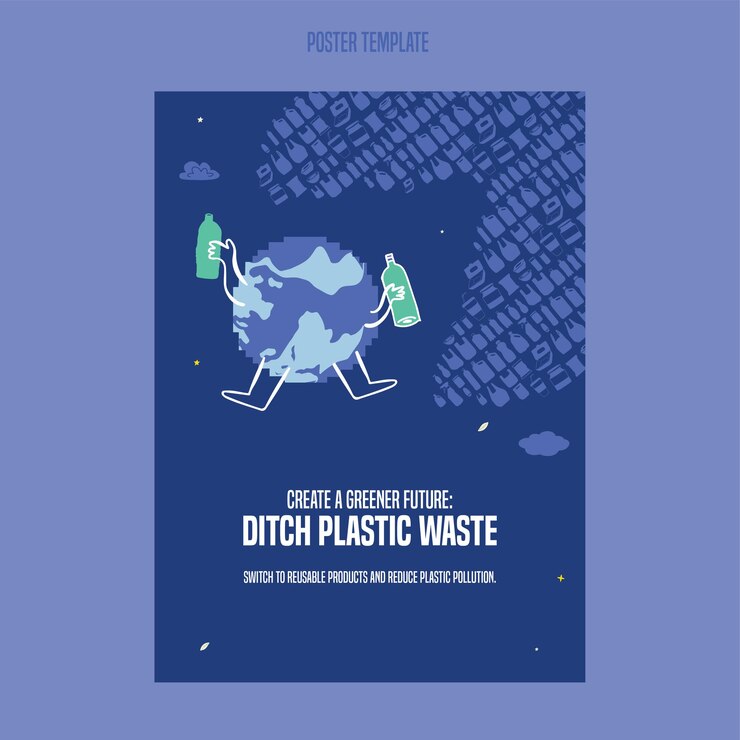 La contaminación por plásticos salva nuestro planeta Ilustración plana del reciclaje de botellas de plástico Plantilla de volante