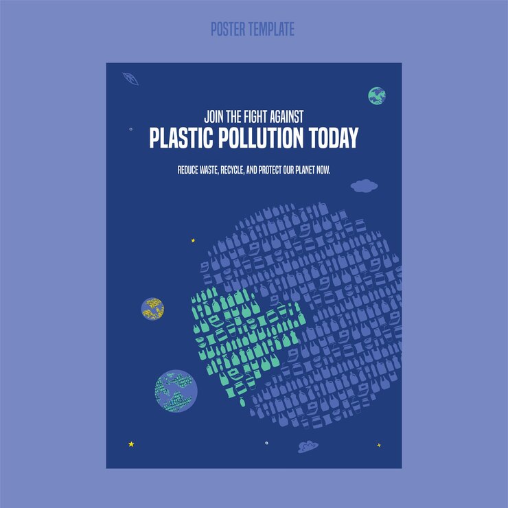 La contaminación por plásticos salva nuestro planeta Ilustración plana del reciclaje de botellas de plástico Plantilla de volante