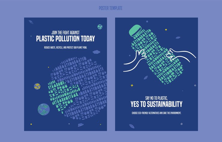 La contaminación por plásticos salva nuestro planeta Ilustración plana del reciclaje de botellas de plástico Plantilla de volante