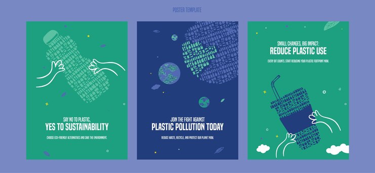 La contaminación por plásticos salva nuestro planeta Ilustración plana del reciclaje de botellas de plástico Plantilla de volante