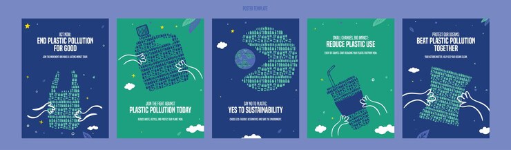 La contaminación por plásticos salva nuestro planeta Ilustración plana del reciclaje de botellas de plástico Plantilla de volante