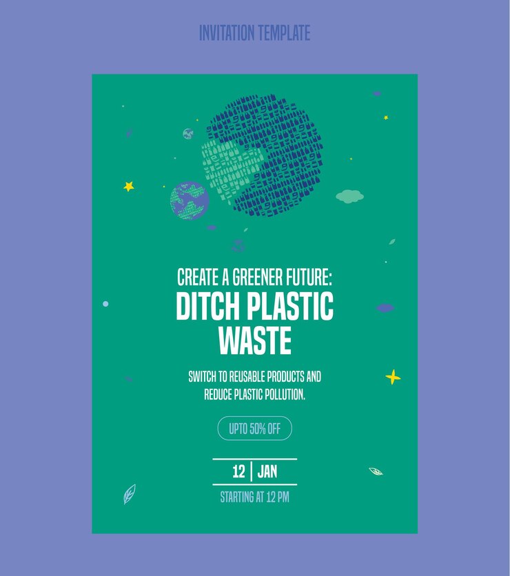La contaminación por plásticos salva nuestro planeta Ilustración plana de reciclaje plantilla de tarjeta de invitación de plástico