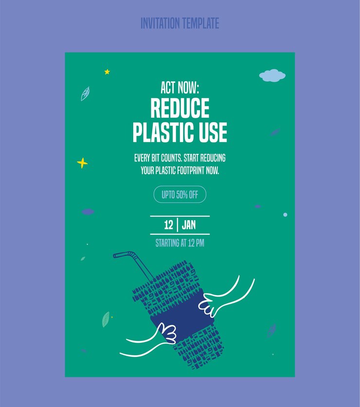 La contaminación por plásticos salva nuestro planeta Ilustración plana de reciclaje plantilla de tarjeta de invitación de plástico