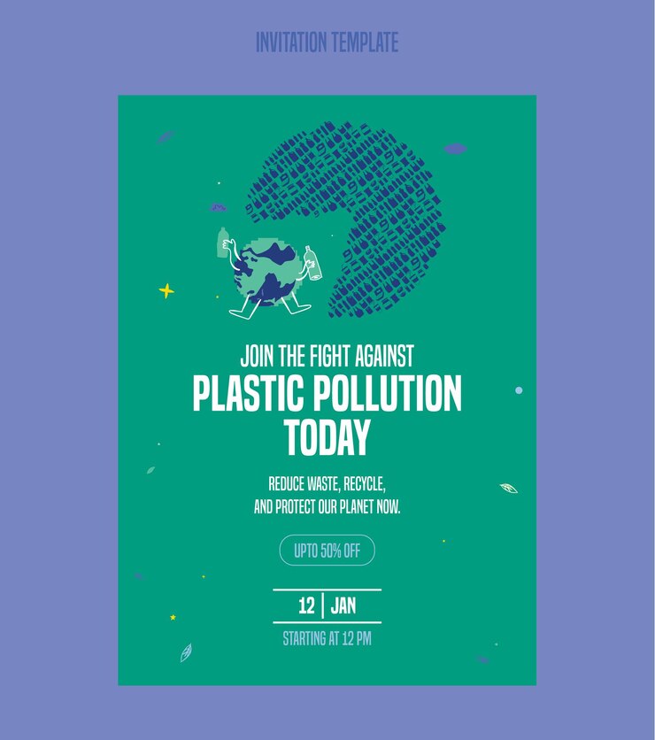 La contaminación por plásticos salva nuestro planeta Ilustración plana de reciclaje plantilla de tarjeta de invitación de plástico