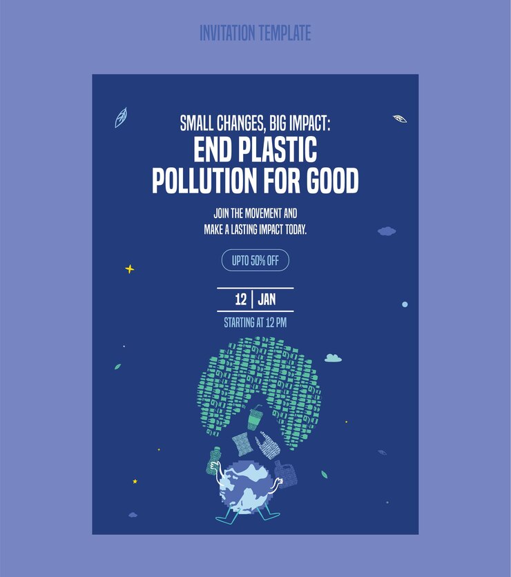 La contaminación por plásticos salva nuestro planeta Ilustración plana de reciclaje plantilla de tarjeta de invitación de plástico