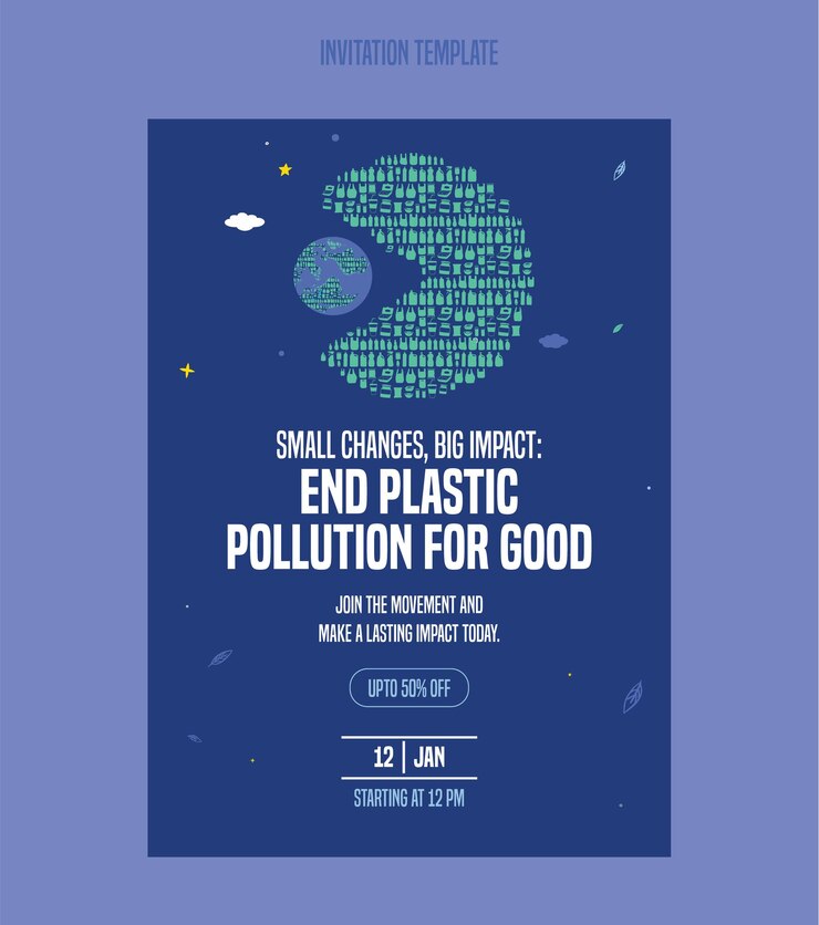La contaminación por plásticos salva nuestro planeta Ilustración plana de reciclaje plantilla de tarjeta de invitación de plástico