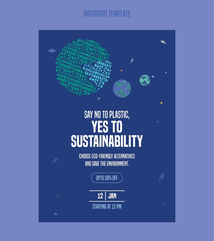 La contaminación por plásticos salva nuestro planeta Ilustración plana de reciclaje plantilla de tarjeta de invitación de plástico