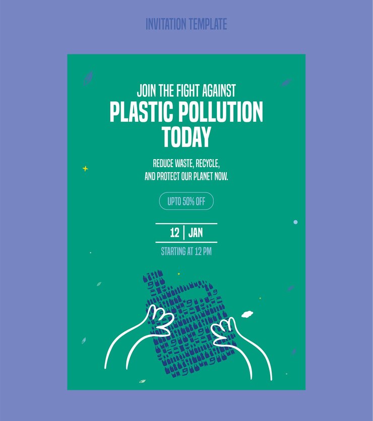 La contaminación por plásticos salva nuestro planeta Ilustración plana de reciclaje plantilla de tarjeta de invitación de plástico