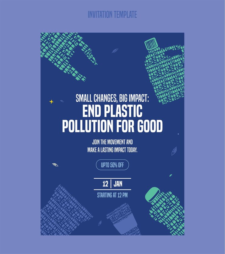 La contaminación por plásticos salva nuestro planeta Ilustración plana de reciclaje plantilla de tarjeta de invitación de plástico