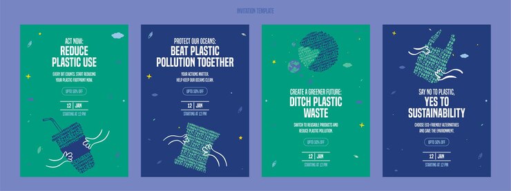 La contaminación por plásticos salva nuestro planeta Ilustración plana de reciclaje plantilla de tarjeta de invitación de plástico