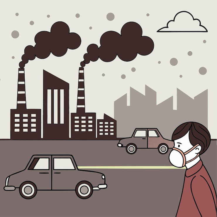 Vector la contaminación urbana con una persona que lleva una máscara en una ciudad con smog