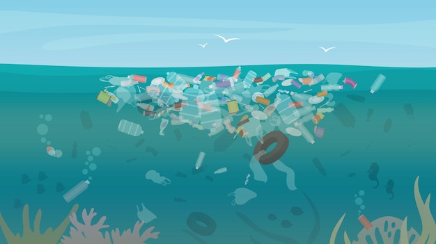 Contaminado con basura y basura bajo el agua de botellas de mar bolsas de plástico y residuos tóxicos