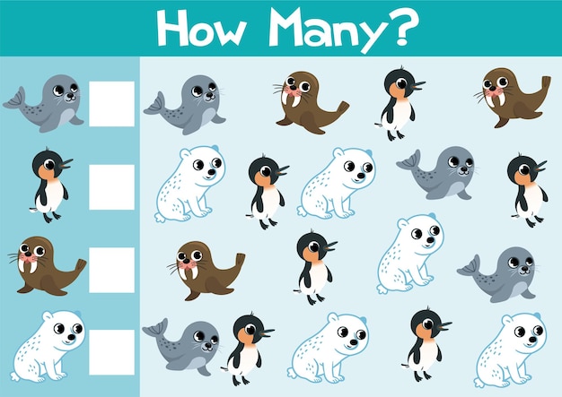 Contando la ilustración del juego de animales árticos para niños en edad preescolar en formato vectorial ¿Cuántos hay?