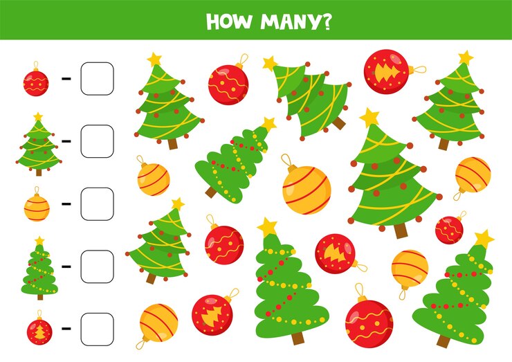 Vector contando juego con árboles de navidad y bolas. juego de matemáticas para niños.