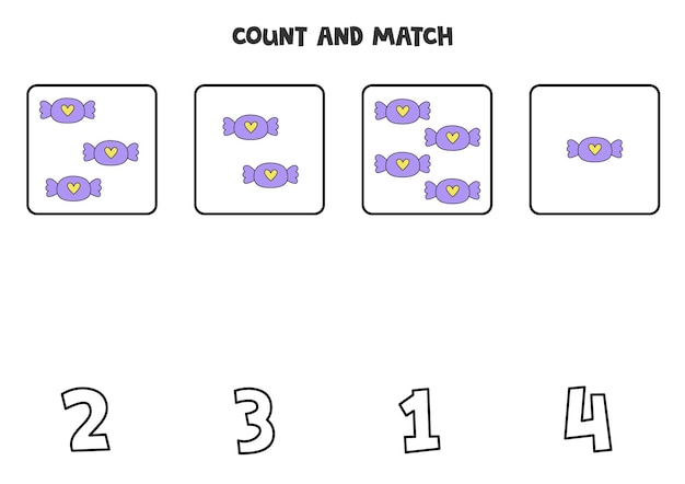 Contando juego con caramelos morados. hoja de trabajo de matemáticas.