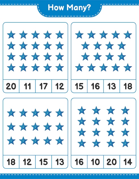 Contando juego, cuántas estrellas de mar. Juego educativo para niños, hoja de trabajo imprimible