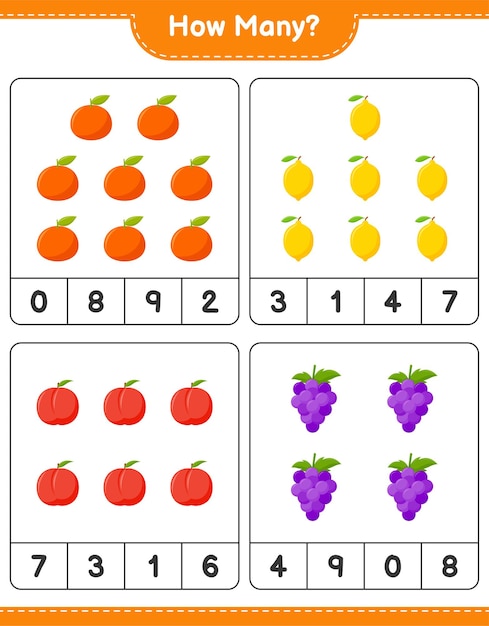 Contando juego, cuántas frutas. Juego educativo para niños, hoja de trabajo imprimible, ilustración