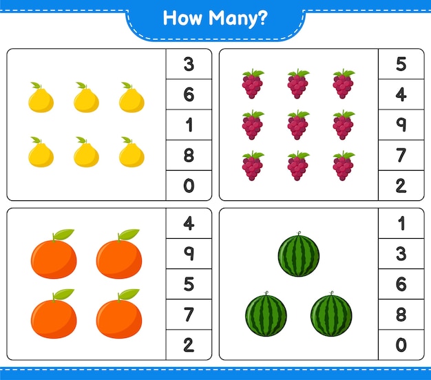 Contando juego, cuántas frutas. Juego educativo para niños, hoja de trabajo imprimible