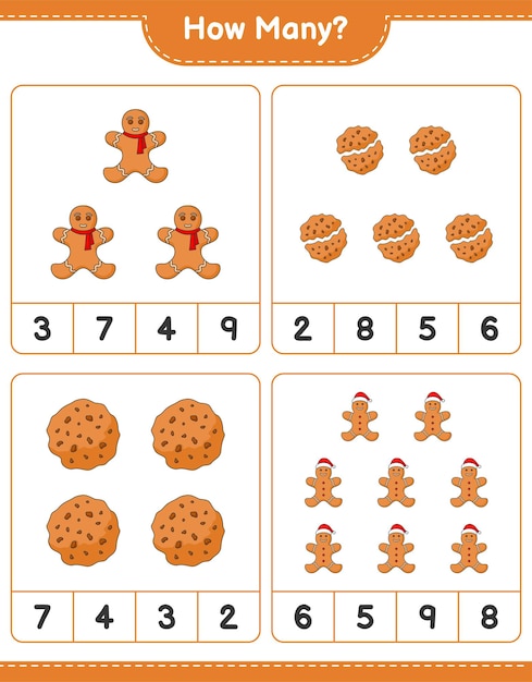 Contando juego, cuántas galletas y hombre de jengibre. juego educativo para niños, hoja de trabajo imprimible, ilustración vectorial