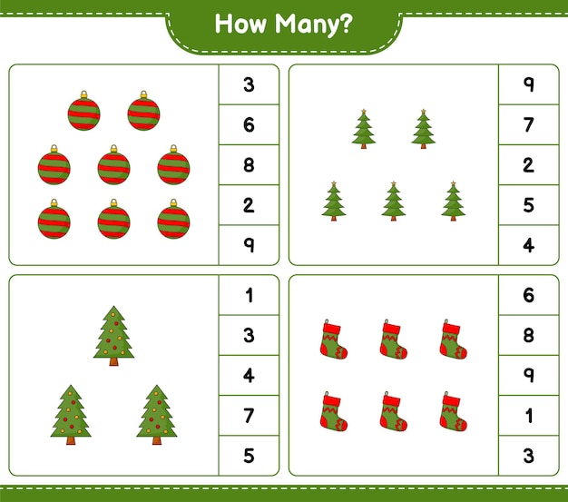 Contando el juego, cuántos árboles de Navidad, bolas de Navidad y calcetines de Navidad. Juego educativo para niños, hoja de trabajo imprimible, ilustración vectorial