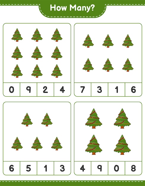Contando juego, cuántos árboles de Navidad. Juego educativo para niños, hoja de trabajo imprimible, ilustración vectorial
