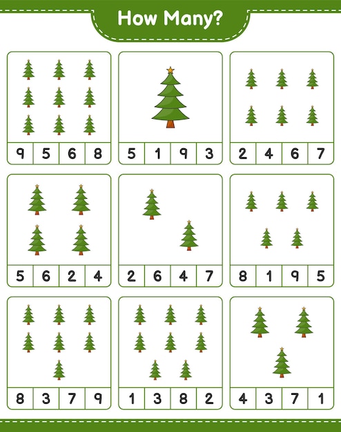 Contando juego, cuántos árboles de navidad. juego educativo para niños, hoja de trabajo imprimible, ilustración vectorial