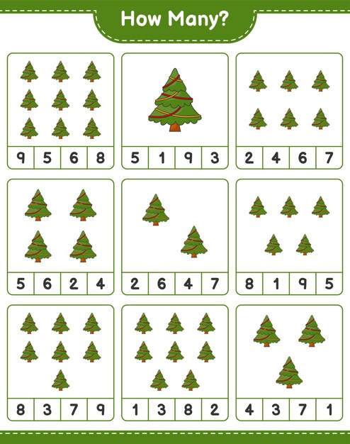 Contando juego, cuántos árboles de Navidad. Juego educativo para niños, hoja de trabajo imprimible, ilustración vectorial
