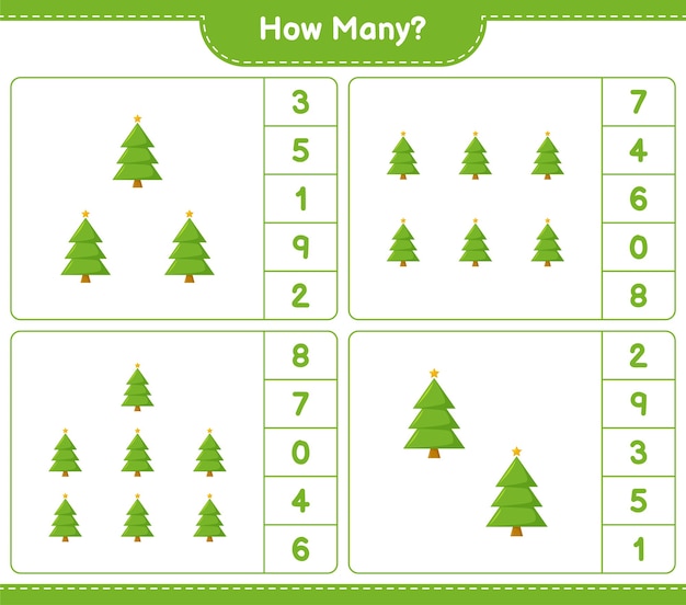 Contando juego, cuántos árboles de Navidad. Juego educativo para niños, hoja de trabajo imprimible,