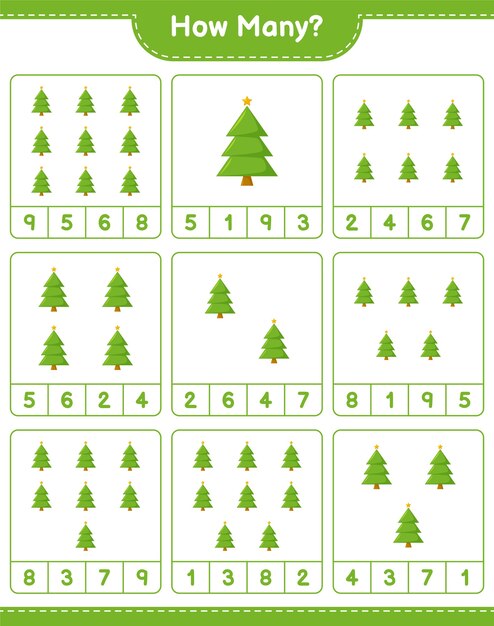 Contando juego, cuántos árboles de Navidad. Juego educativo para niños, hoja de trabajo imprimible