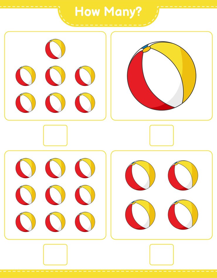 Vector contando juego, cuántos beach ball. juego educativo para niños, hoja de trabajo imprimible
