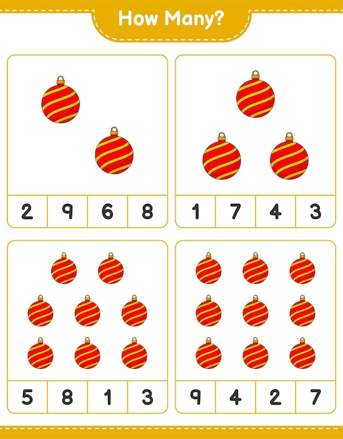 Contando juego, cuántos bolas de Navidad. Juego educativo para niños, hoja de trabajo imprimible, ilustración vectorial