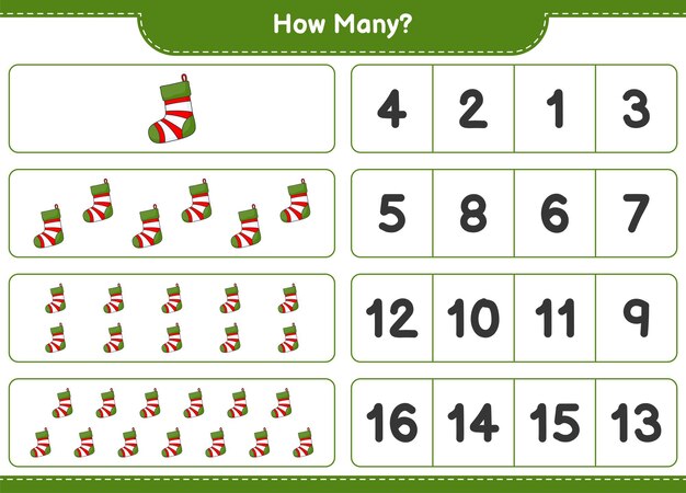 Contando juego, cuántos calcetines de Navidad. Juego educativo para niños, hoja de trabajo imprimible, ilustración vectorial