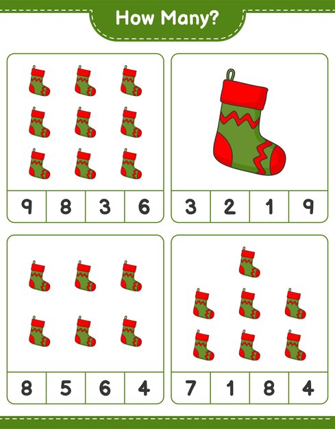 Contando juego, cuántos calcetines de navidad. juego educativo para niños, hoja de trabajo imprimible, ilustración vectorial