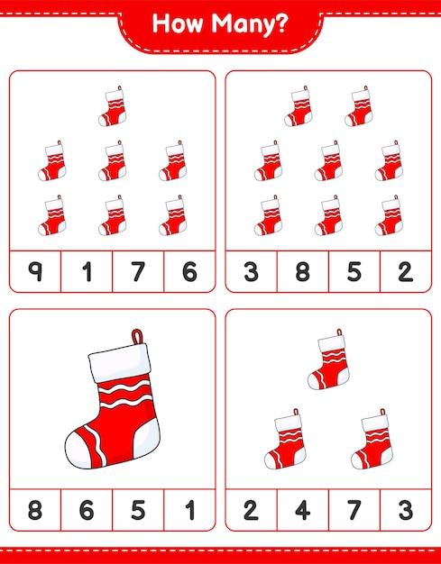 Contando juego, cuántos calcetines de Navidad. Juego educativo para niños, hoja de trabajo imprimible, ilustración vectorial