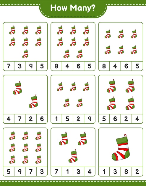 Contando juego, cuántos calcetines de Navidad. Juego educativo para niños, hoja de trabajo imprimible, ilustración vectorial