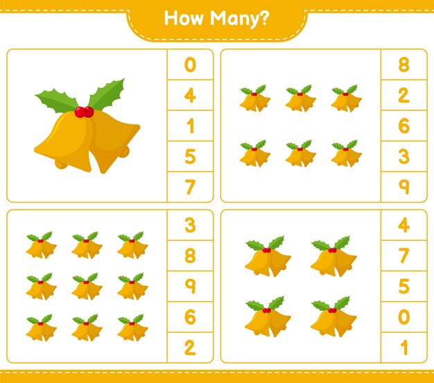 Contando juego, cuántos campana de Navidad. Juego educativo para niños, hoja de trabajo imprimible,