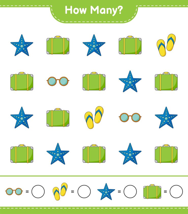 Vector contando el juego, cuántos equipajes, estrellas de mar, gafas de sol y chanclas. juego educativo para niños, hoja de trabajo imprimible