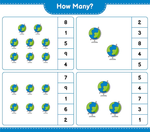 Contando juego, cuántos Globo. Juego educativo para niños, hoja de trabajo imprimible